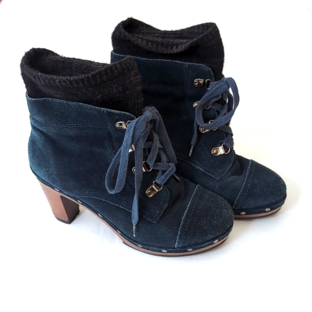 Daphne Women's Blue Suede Leather Clog Boots Lace Up Size 7 - 7.5